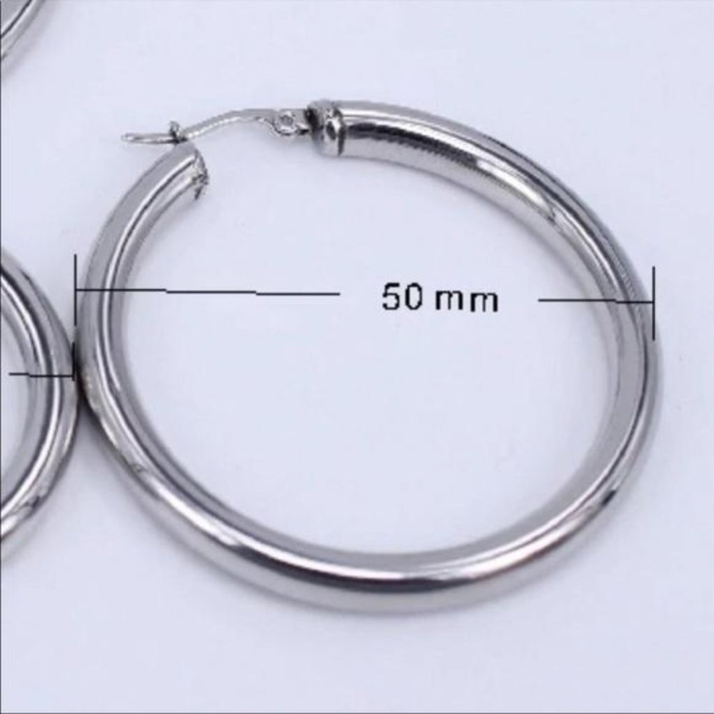 NEW 18K WHITE GOLD ROUND 2” TUBE HOOP EARRINGS - Picture 6 of 6
